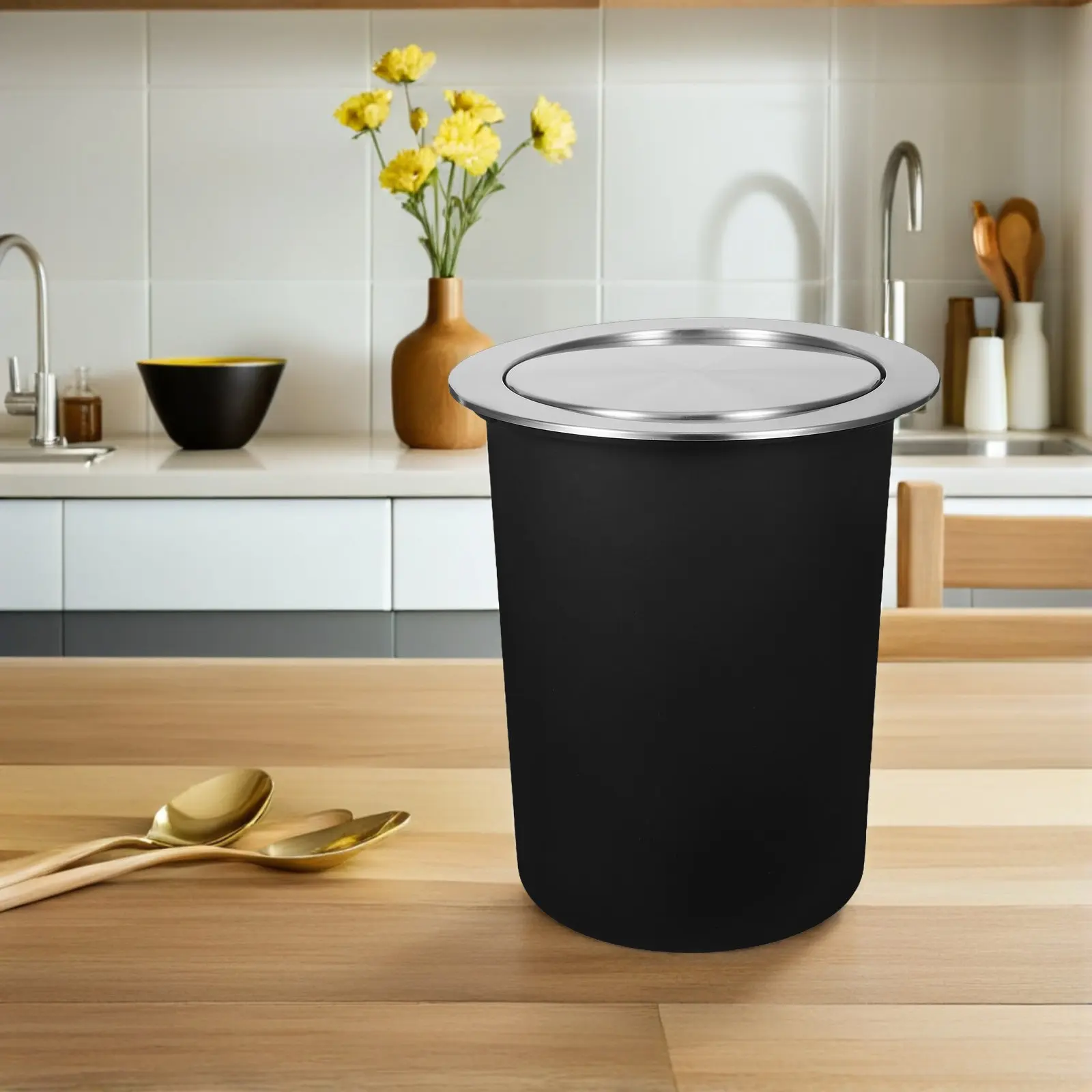 1Set Embedded Kitchen Garbage Bin Stainless Steel Counter Trash Can Swing Top Lid Sealed Odor Control Desktop Trash Holder