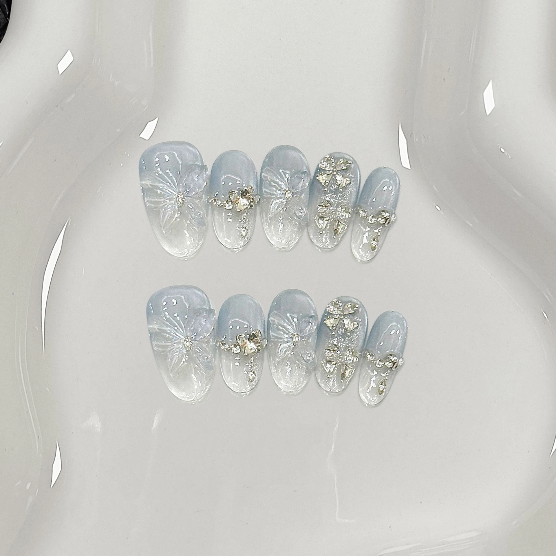 10Pcs Summer Mint Green Ocean Wave Pattern Handmade Nails 3D Yellow Flowers Cat Eye Art Nails Set Wearable Oval Fake Nail Tips