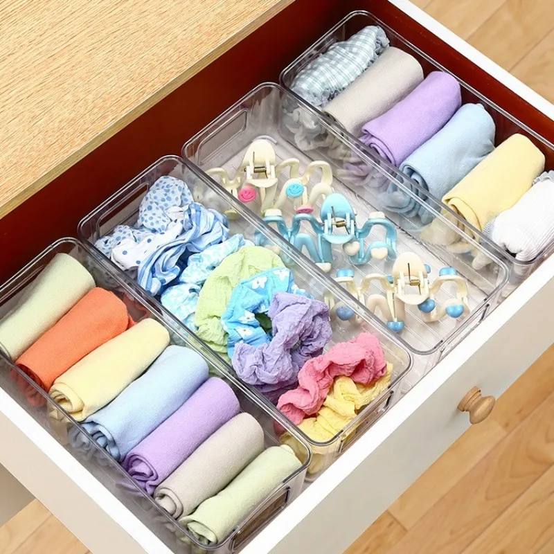 Desktop Storage Box, Long Narrow Rectangular Acrylic Transparent Organizer for Socks and Small Items, Drawer Divider Box