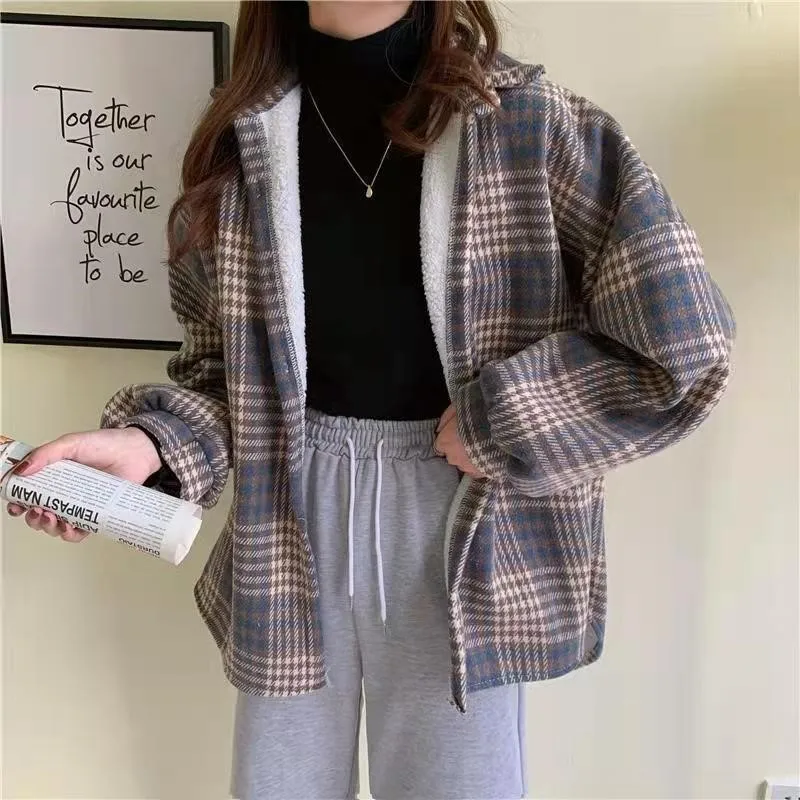 New Vintage Harajuku Thick Plush Warm Plaid Shirts Women Autumn Winter Loose Long Sleeve Casual Blouse Korean Y2k Tops NS5495