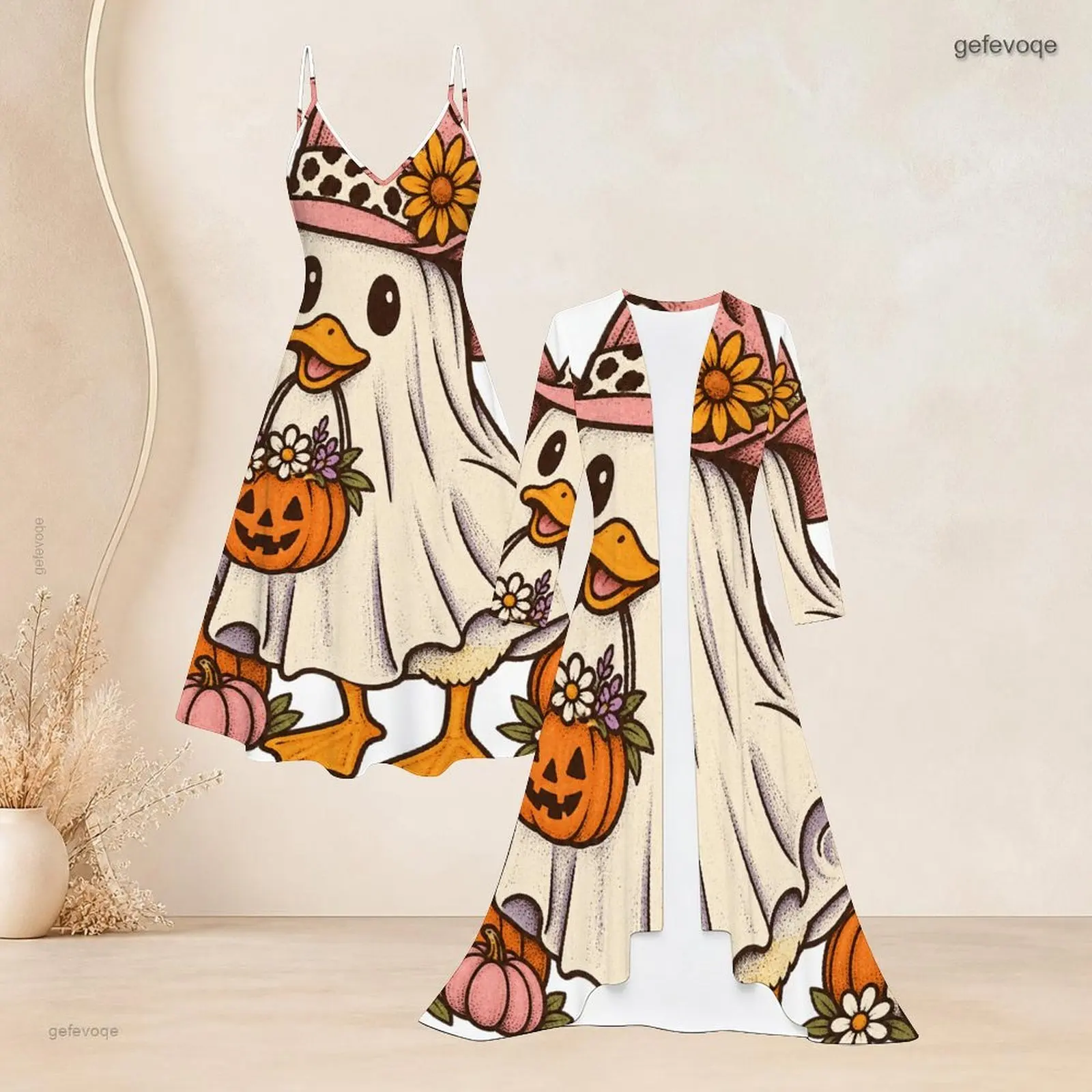 Women Printed Cartoon Ghost Duck Pumpkin Floral 2 Piece Set, Spaghetti Strap Flared Dress and Long Sleeve Open Front Cardigan