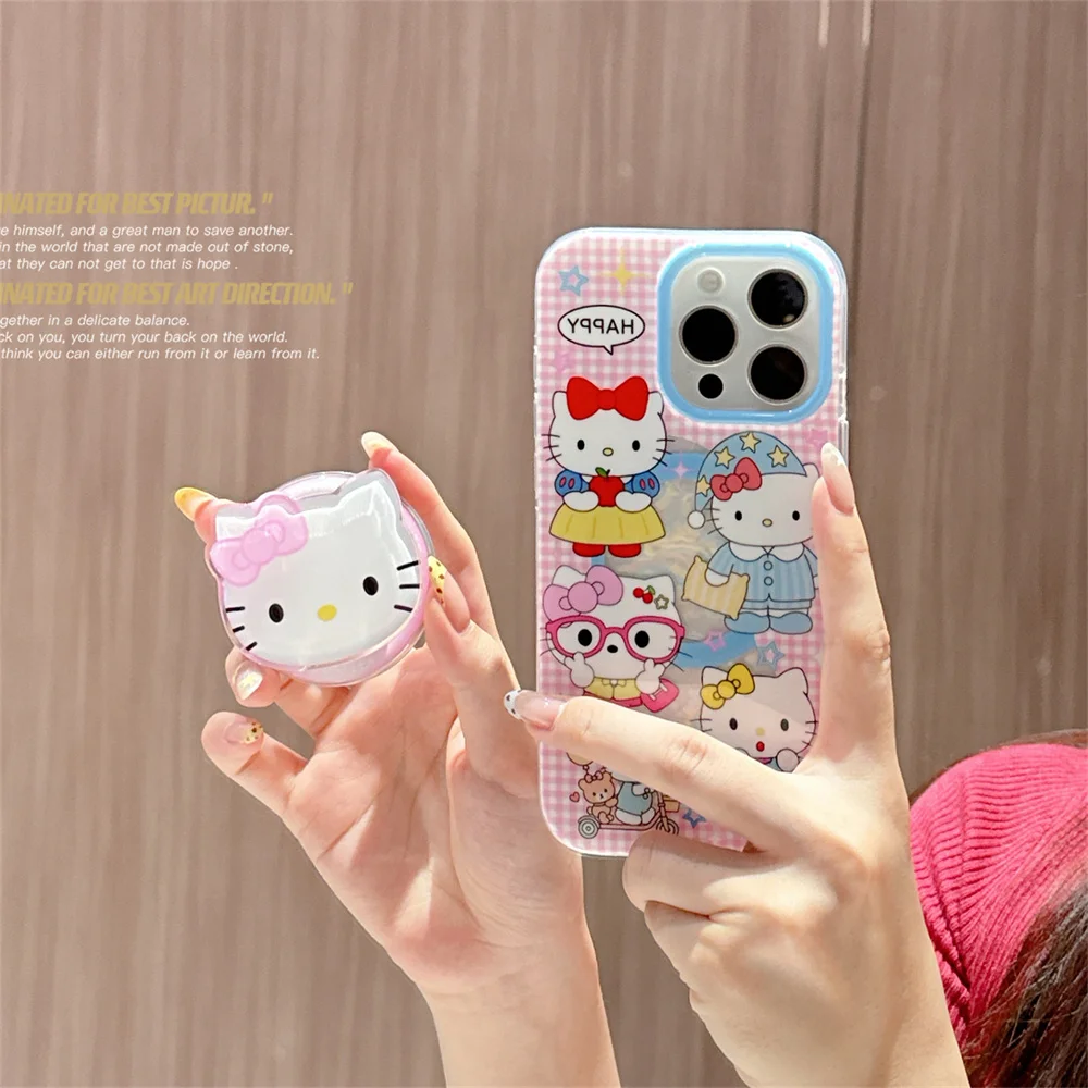 

New cartoon Sanrio Hello Kitty magnetic stand phone case for iPhone 13 14 15 pro 16 promax cover cute plaid soft protective case