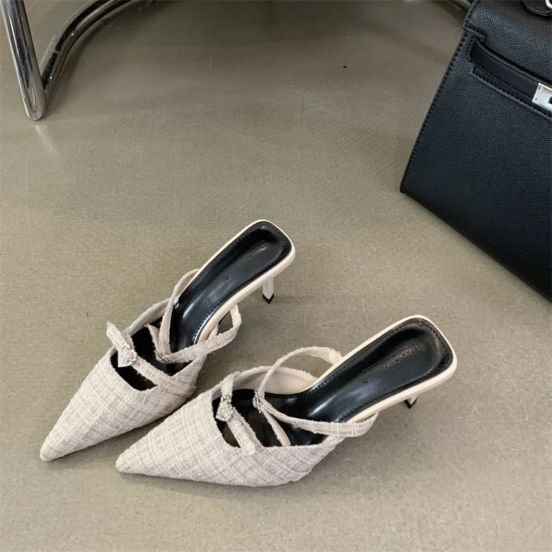 Black High Heels Sexy Pointed Toe Slingback Slippers Ladies Office Shoes Belt Buckle Low Heel Women Pumps Summer Stiletto
