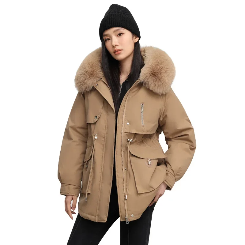 Parka de veludo espessa para mulheres, comprimento médio, colarinho de pele grande, jaqueta de algodão justa, novo estilo, 2024