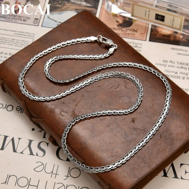 BOCAI S925 Sterling Silver Necklace for Women Men New Fashion Carving Flower Simple Vintage Flat Snake-chain Jewelry