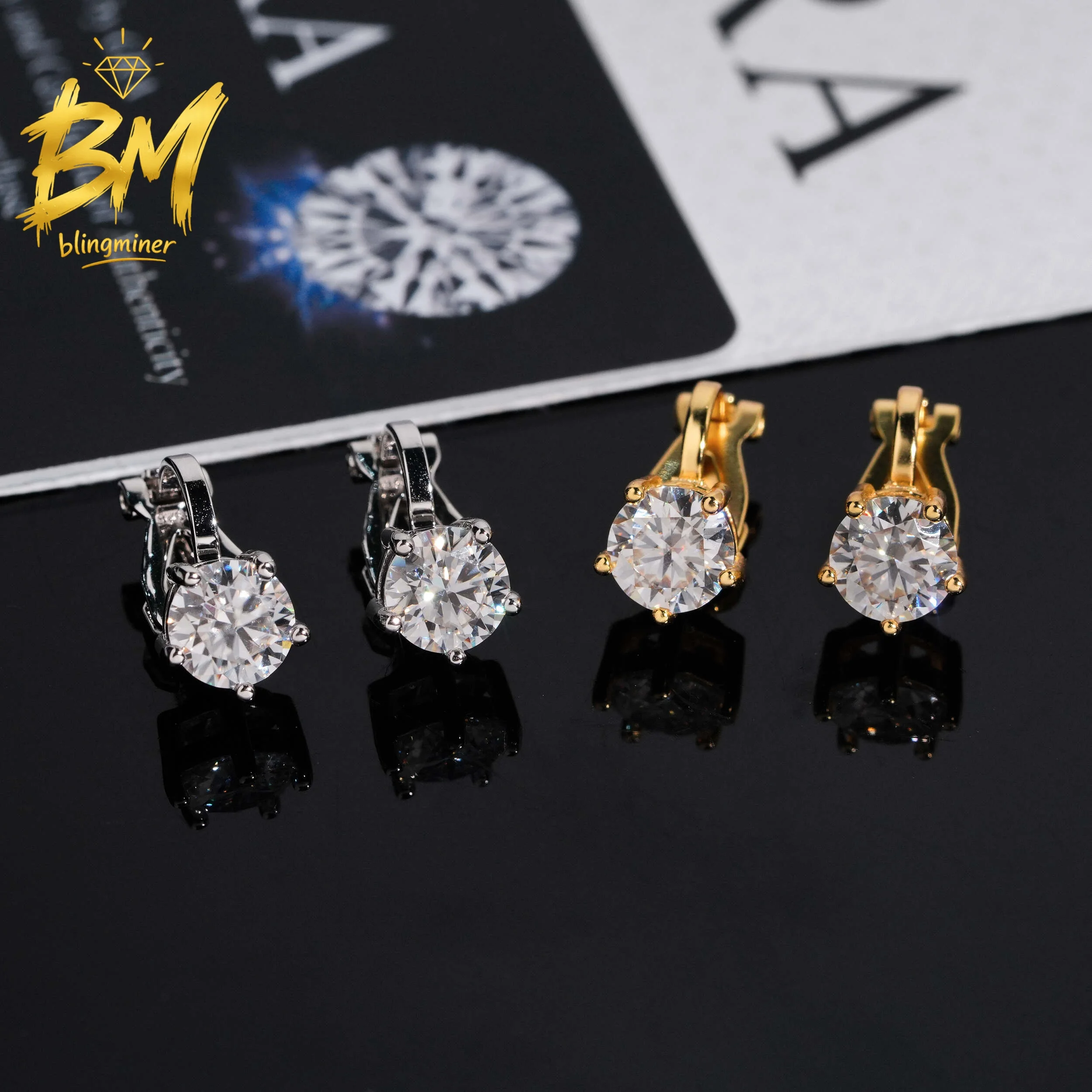 Blingminer Clip-on 6.5mm Round VVS Moissanite Earrings For Men Women S925 Silver Ear Studs Jewelry Pass Diamonds Tester GRA Free