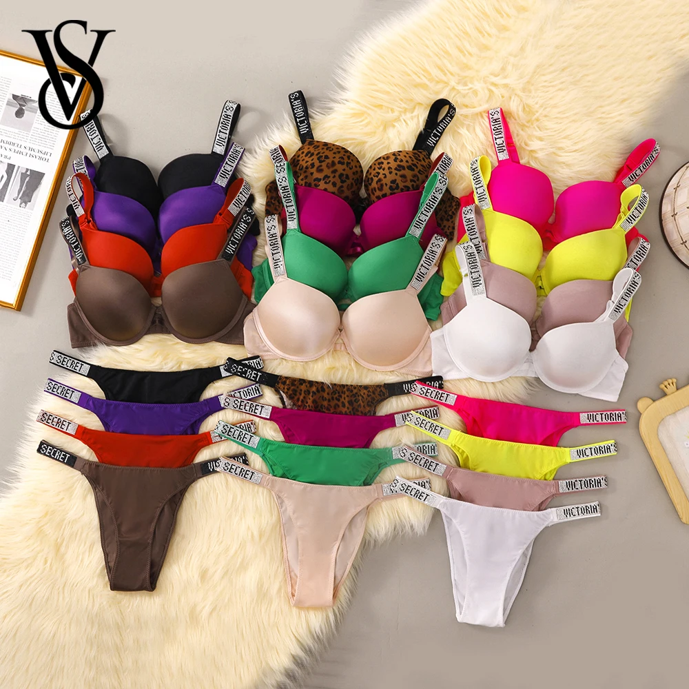 Victoria Secret Sexy Lingerie Set Very Sexy Logo Shine Strap Push Up Bra Shine Script Thong Panty Women Hot