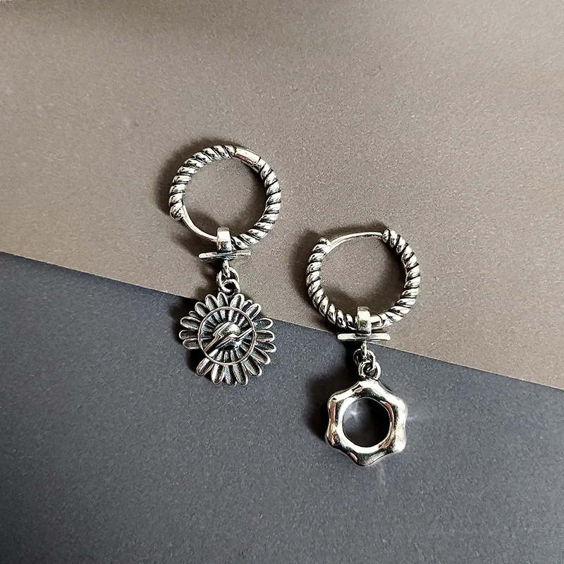 

Thai Silver Irregular Daisy Flower Asymmetric Drop Earrings For Women Girls Trendy Vintage Fashion New Jewelry Party Gift