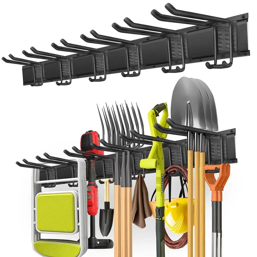 

Tool Organizer Wall Mount with 48 inches Rails and 6 Doublelayer Hooks, Garden Tool Rack Heavy Duty, Garage Hanging Storage Rack
