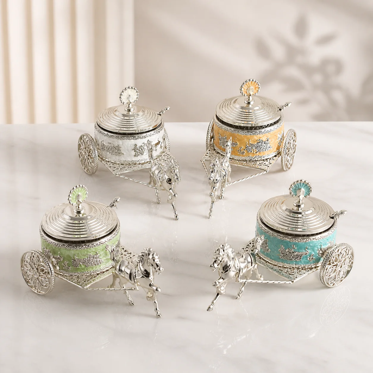 

Luxury Nordic Metal Chariot Seasoning Pot Vintage Embossed Salt Sugar Container Elegant Dining Table Ornament