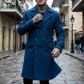 Men's Solid-Color Double-Breasted Long Trench Coat 5 New Men's Solid Color Trench Coat Double Breasted Long Coat Street Wear Knee Trench Coat Business Casual Men's Officewear Jacket 5