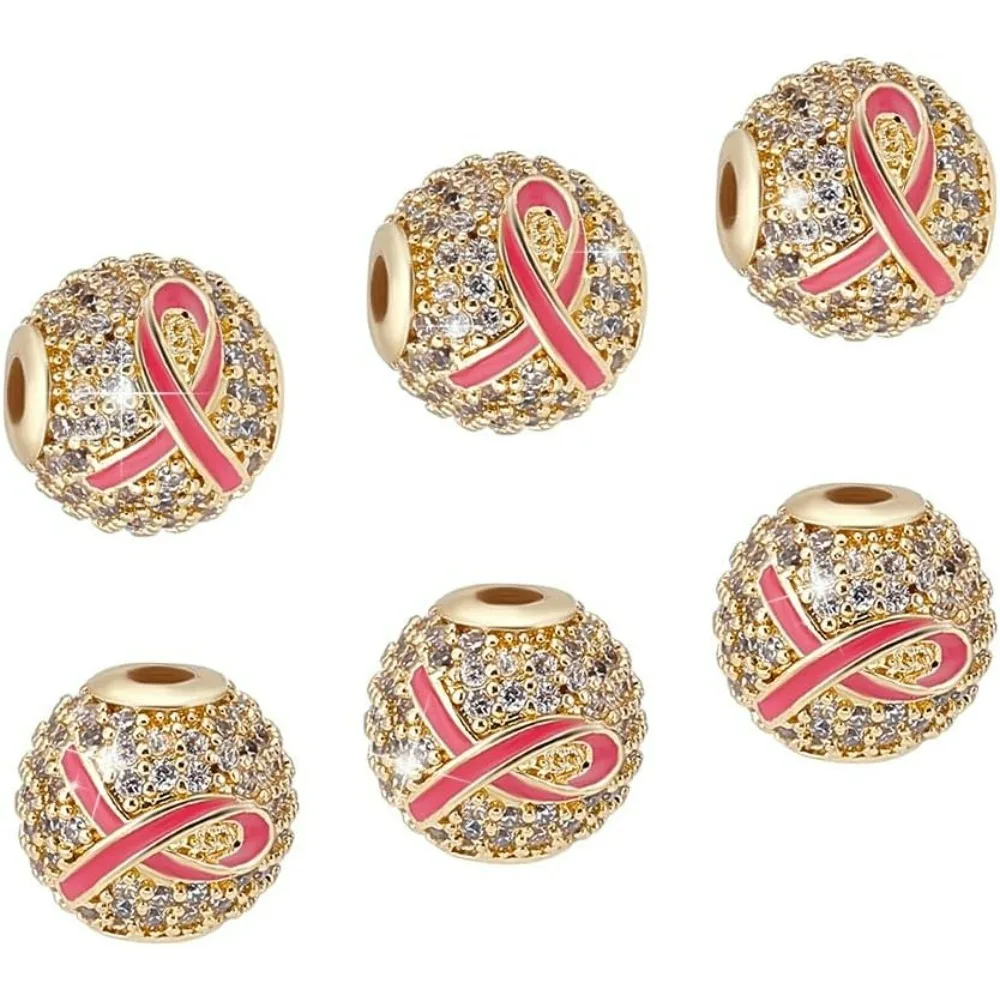 6 قطعة مايكرو تمهيد مكعب زركونيا الخرز 10 مللي متر جولة حجر الراين الخرز سرطان الثدي شريط للتوعية ثقب التصميم: 2 مللي متر