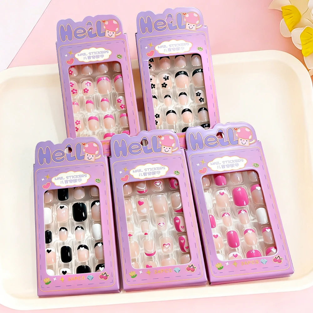24Pcs/Box Cartoon Kids Press On Nails Black Flower French Tips False Nails Full Cover Fake Nails for Children Daily Holiday Wear view 6