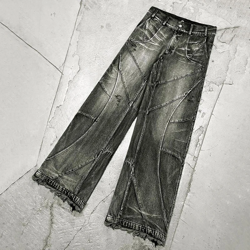 Washed Jeans Hip-hop Retro High Street Baggy Jeans Men's Goth Personality Harajuku Black Straight Pant Y2k Jeans Wide Leg Pants