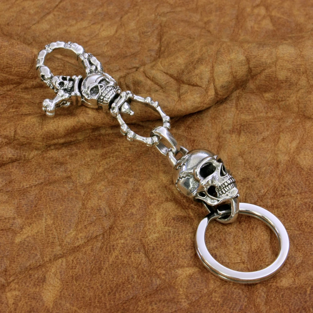 LINSION High Detail 925 Sterling Silver Skull KeyRing Punk Keychain Biker DIY Accessory TA200