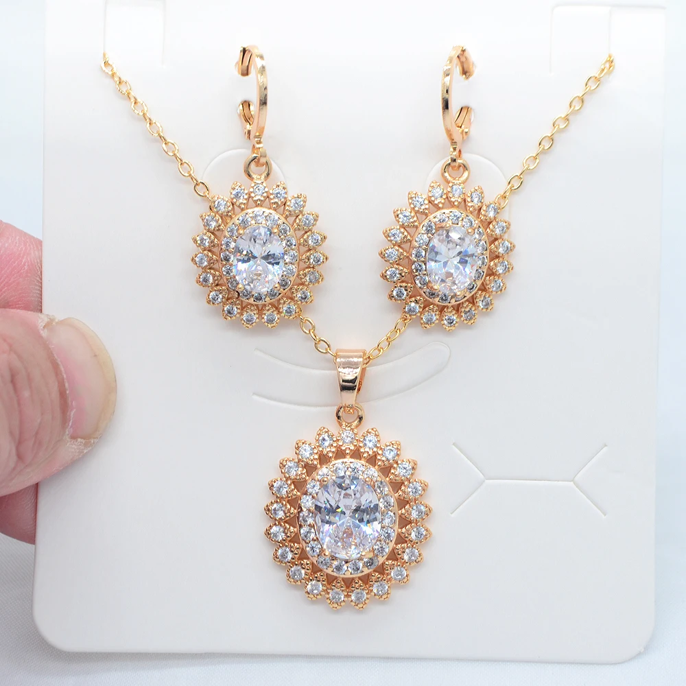 Fashion Gold Color Women Luxury Halo Oval Red Zirconia CZ Earrings & Pendant Wedding Jewelry Set