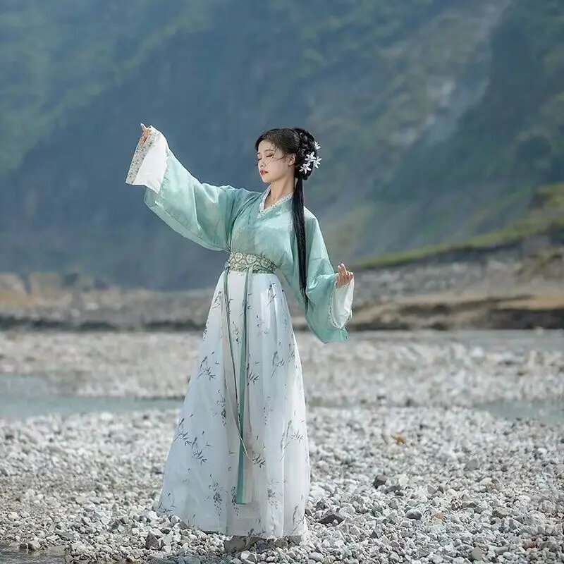 

Женское платье Hanfu в старинном стиле, женская модель 2023, летнее зеленое и синее платье Hanfu, китайский традиционный ханьфу XL