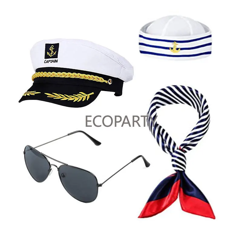 Adult Navy Sailor Set White Sailors Captain Hat Sunglasses Scarf 7 Piece Set Yacht Theme Cosplay Party Accessories for Men Women