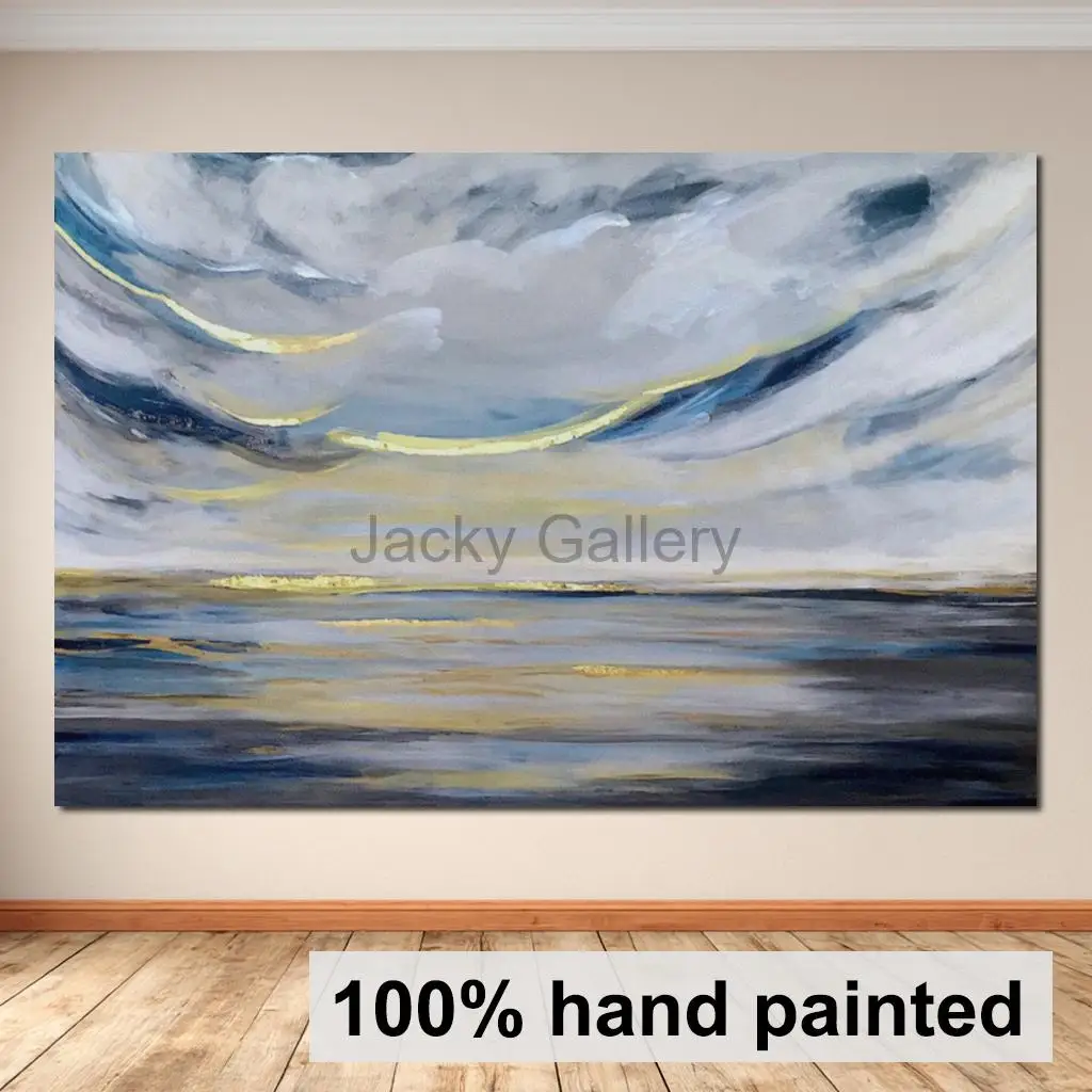 Goldene handgemalte abstrakte Seelandschaft Ölgemälde Moderne Ozeanwellen Wandkunst Zeitgenössisches Leinwandkunstwerk Große Wohnzimmerdekoration