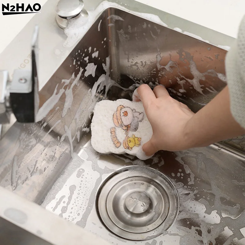 

4 упаковки, тряпки из хлопковой целлюлозы с милым животным узором, антипригарные, безмасляные губки для чистки кухни и ванной комнаты с подвесным кольцом