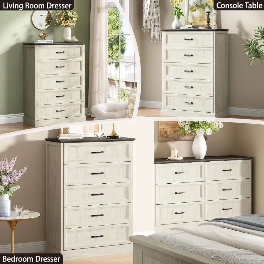خزانة ذات 5 أدراج لغرفة النوم مزرعة 44 خزانة بيضاء طويلة ذات أدراج خشبية ريفية مع مقبض معدني عريض نسيج تورال