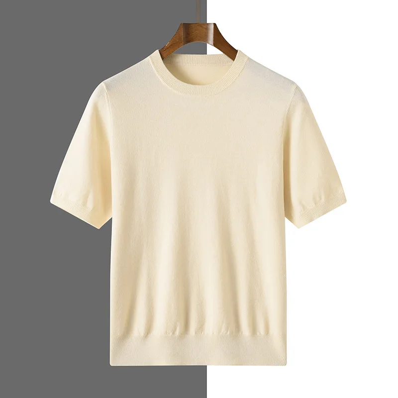 Men's Knitted Short Sleeve Summer Crew Neck Loose Casual T-Shirt Thin Worsted Wool Short Sleeve