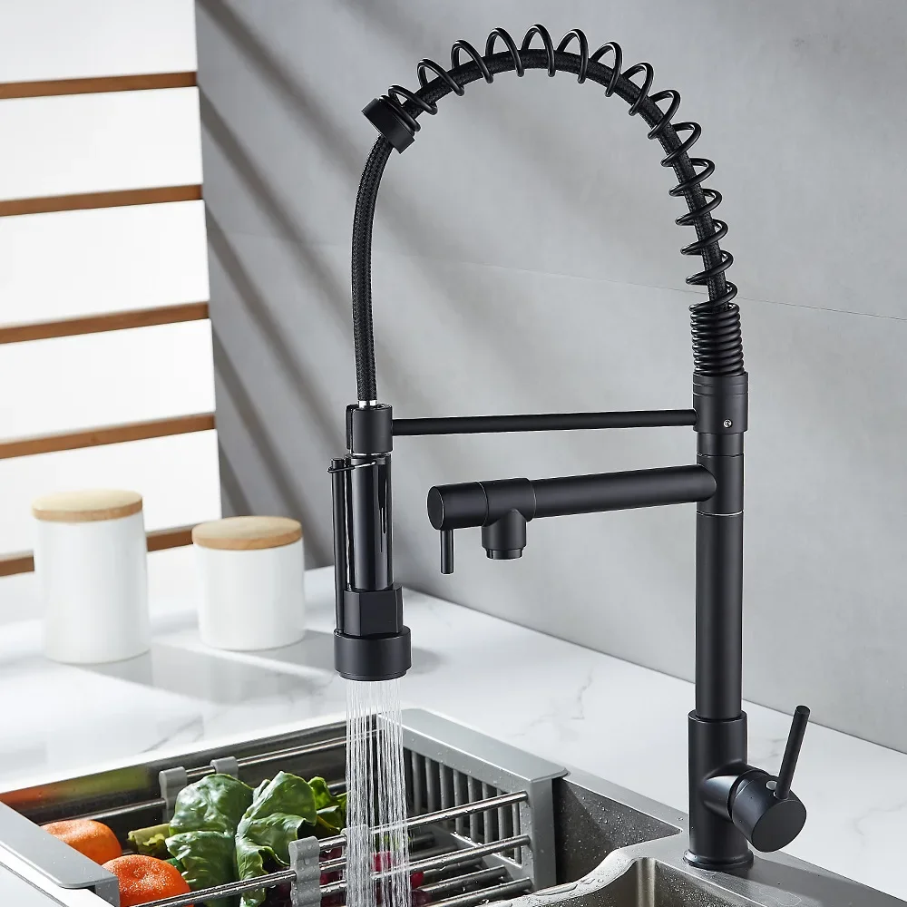 Chrome Spring Kitchen Faucet Pull Down Dual Spouts 360 Swivel Handheld Shower Kitchen Mixer Crane Hot Cold 2 Outlets Spring Taps