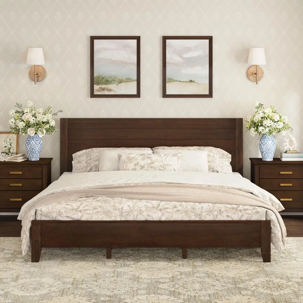 Wood Bed Frame with Headboard, Medieval-Inspired Wooden Design (Walnut, King)