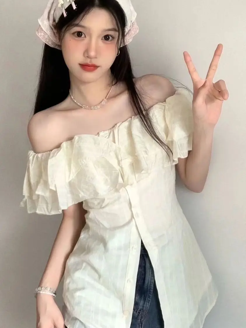 

Летняя женская футболка Sweet Pure Desire Spicy Girl с одним открытым плечом, оборками и эффектом утончения талии, облегающая модель