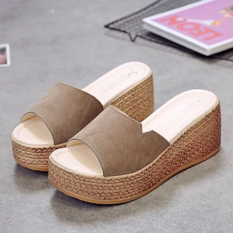 Women's Summer Fashion Outerwear Slope Heel Cool Dragging Thick Bottom High Heels Breathable Anti slip Wear resistant Slippers