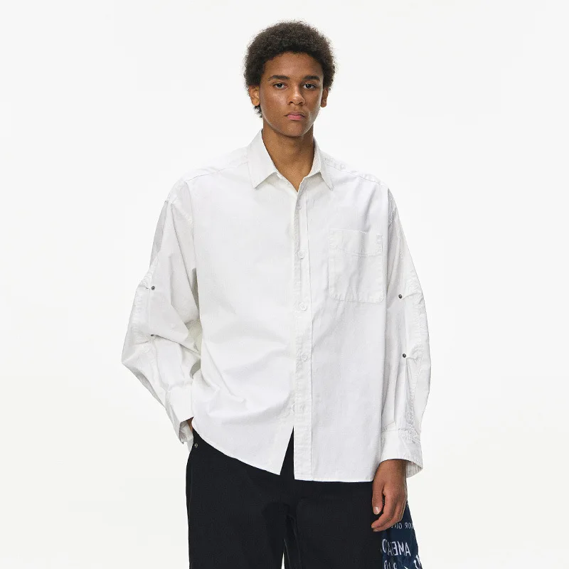 High Street Workwear Washed Shirt Tops Men's Autumn New Product Retro Collar Pocket Cardigan Long Sleeved Streetwear Shirt