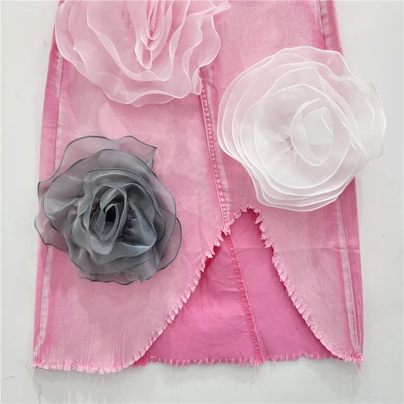 Luxus Gespleißt Mesh 3D Blume Asymmetrische Split Raw Saum Denim Röcke Hohe Taille Ausgestattet Solide Rosa Blau Rock Für Frau Herbst