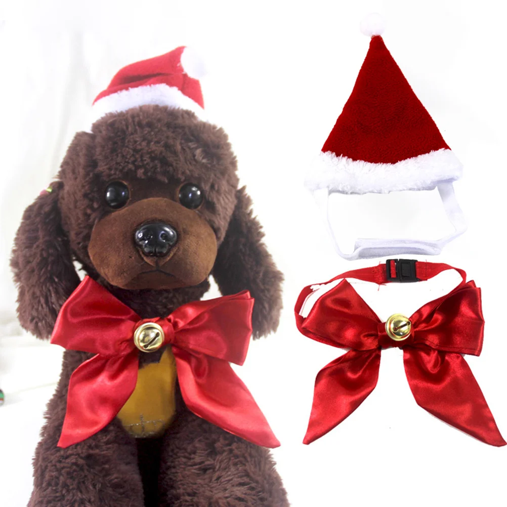 

Christmas Pet Bell Collar Set Cute Hat Necktie Soft Comfortable Dog Cat Holiday Party Outfit Fashion Accessories