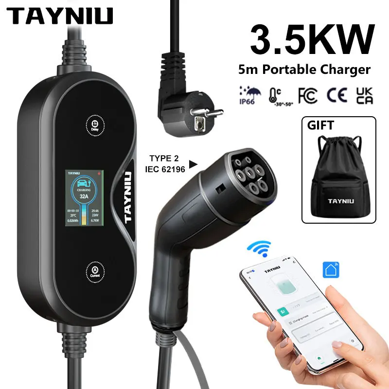 

Портативное зарядное устройство TAYNIU 3.5 кВт для электромобилей, Тип 2 IEC 62196, 220В 16А, вилка Schuko, 1 фаза, настенная зарядная станция EVSE