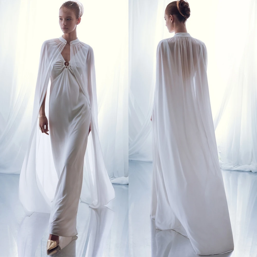 

Customized Elegant Chiffon Prom Dresses Simple High Collar Shawl Evening Dress Classic Sweep Train Bespoke Occasion Gowns