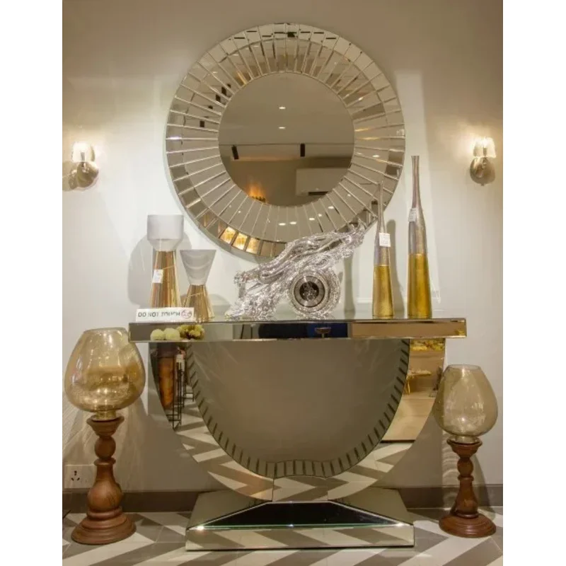 Luxury Mirrored Console Table, Crescent Shaped Foyer, Family Round Wall Mirror