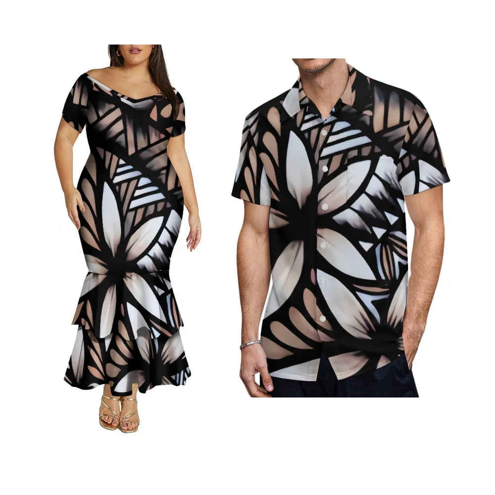 Zomer Paar Outfits V-hals Uit De Schouder Dames Dubbellaags Fishtail Rok Polynesische Aangepaste Shirt Patroon