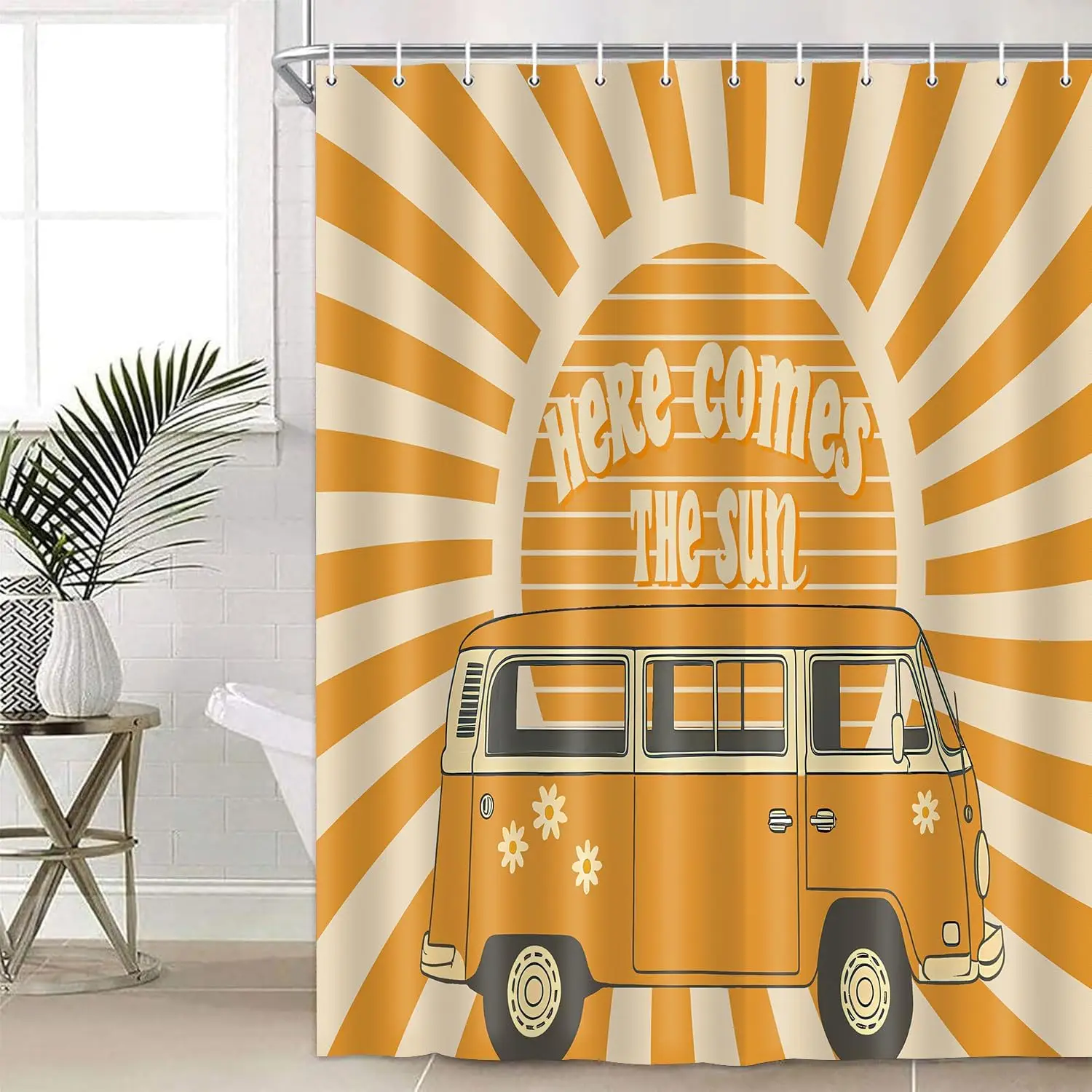 

Занавеска для душа Here Comes The Sun 72x72 дюйма в стиле бохо, винтажная, с цветочным принтом, в стиле ретро, в стиле хиппи, оранжевое солнце, двусторонняя для дома