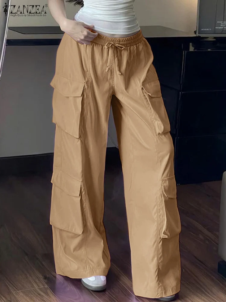 

Stylish Women Pants 2025 ZANZEA Summer Cargo Pants Y2k Style Solid Elastic Waist Loose Pantalon Elegant Work Palazzo Streetwear