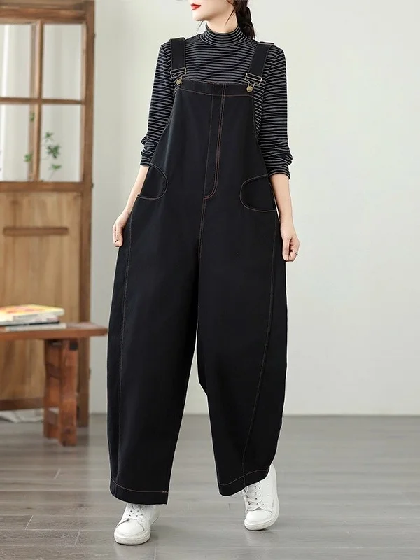 여성용 루즈 와이드 레그 데님 오버롤 가을 신상 슬레 아티스틱 코튼 캐주얼 편안한 플러스 사이즈 트리트리 오버롤 팬츠