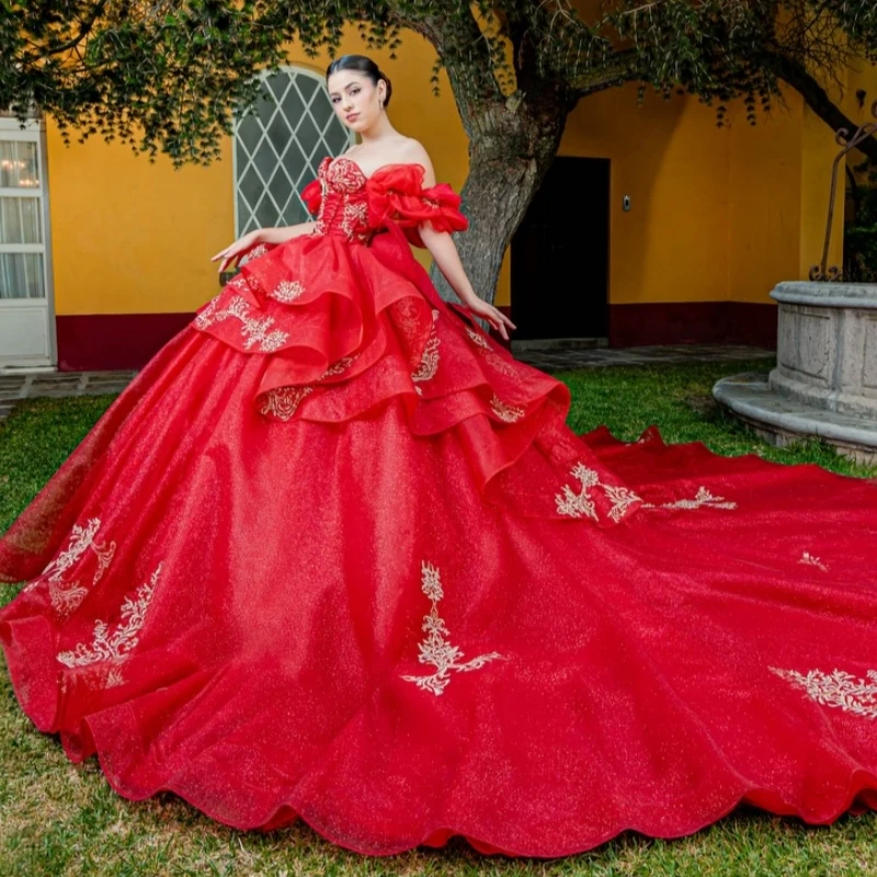 

Red Shiny Quinceanera Dresses Ball Gown Off Shoulder Applique Lace Beading Crystal Bow Tull Corset Birthday Payty Sweet 16 Dress