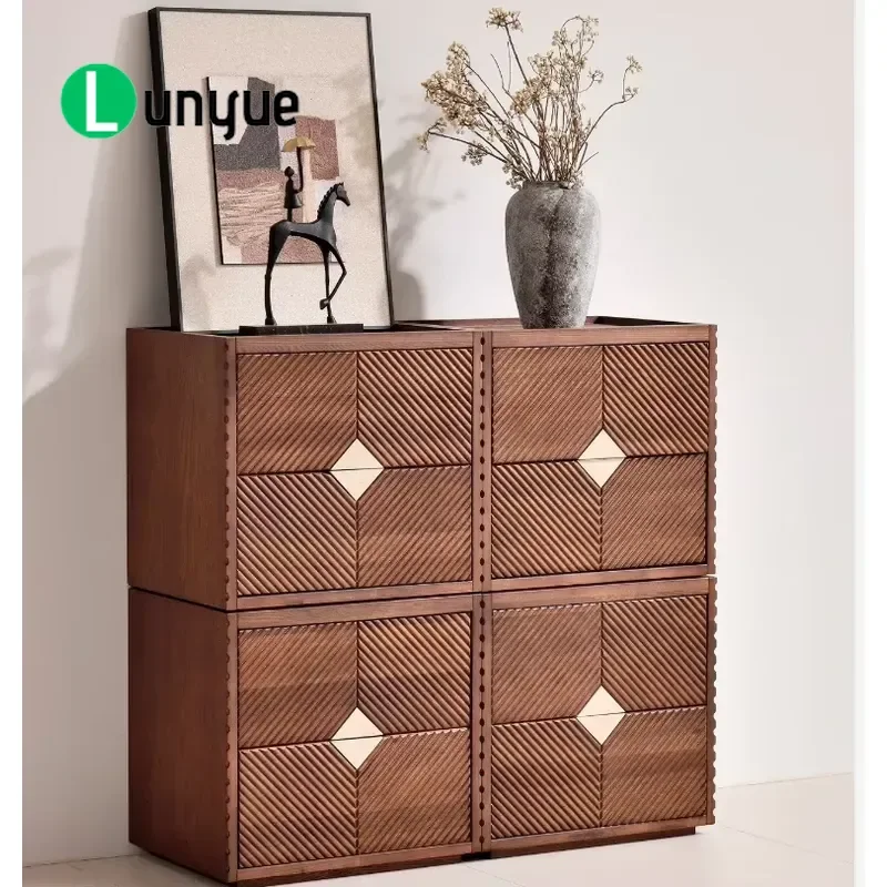 Solid Wood Modular Stackable Chest of Drawers Retro Wavy Carved Locker for Bedroom Entrance Side Cabinet Storage Furniture