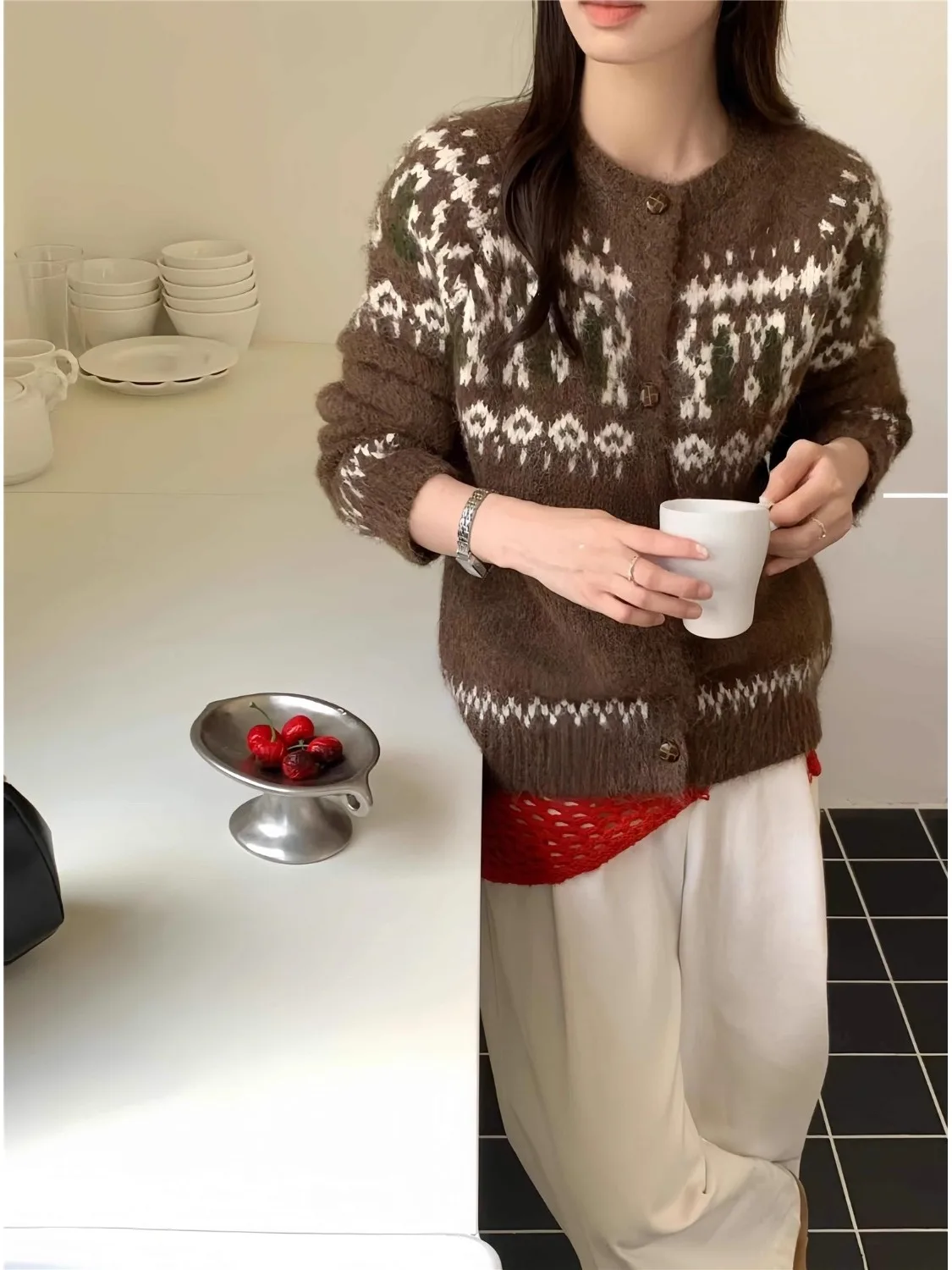 

Soft Gentle Wind Fair Isle Knitted Sweater Coat Women's Winter New Sle Color Blo Versatile Long Sve round Ne Coat