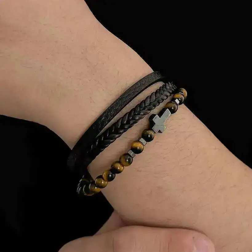 IngeSight.Z Trend Creative Woven Wide Leather Bracelet for Men Punk HipHop Waterproof Stainless Steel Cross Bangle Charm Jewelry