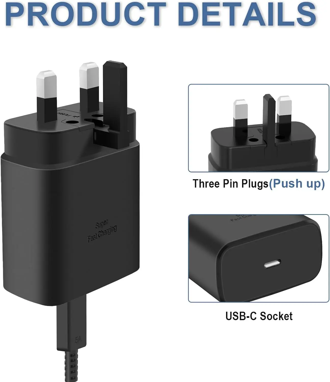 British Standard Charger 45W Super Fast Charger for Samsung, USB C Plug for Galaxy S25 Ultra/S25+/S25/S24 Ultra/S24+/S24/S23/S22 view 3