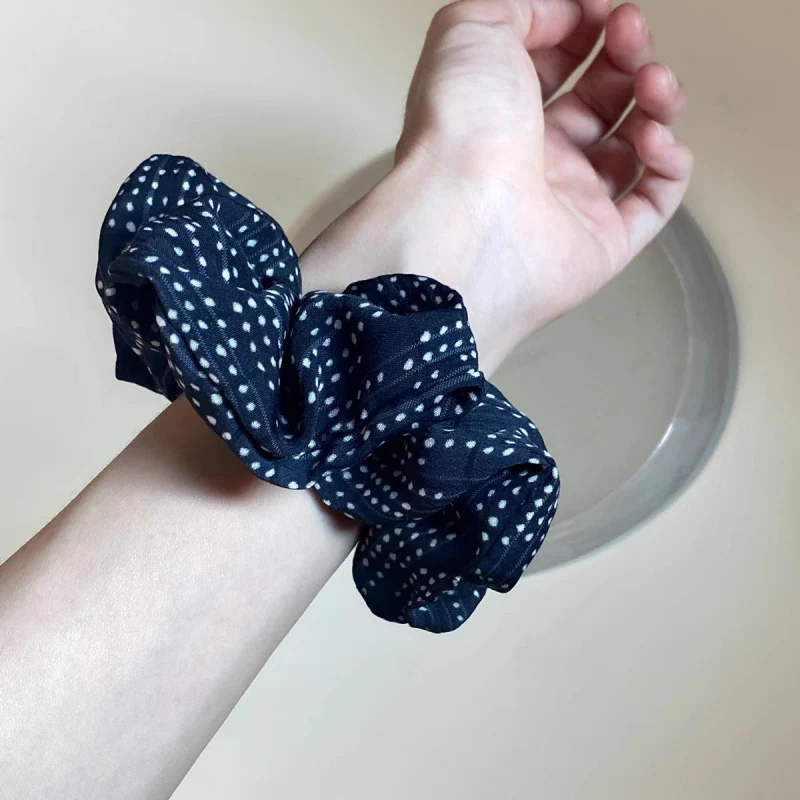 Navy Polka Dot Scrunchies Fabric Hair Tie Elastic Hair Band Women Hair Accessories Daily Headwear