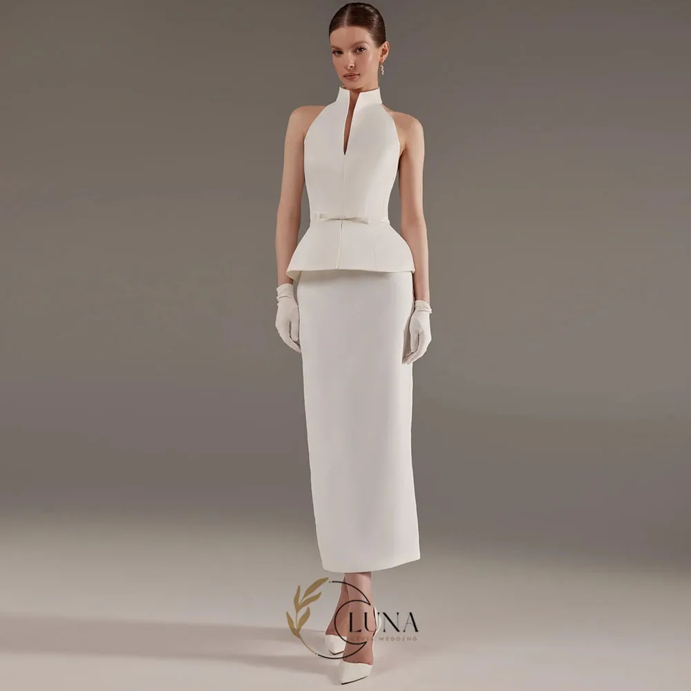 Luna High Neck Matte Satin Backless Wedding Dress Simple Slim Fitted Waist Back Fork Minimalist Bridal Gown Customized
