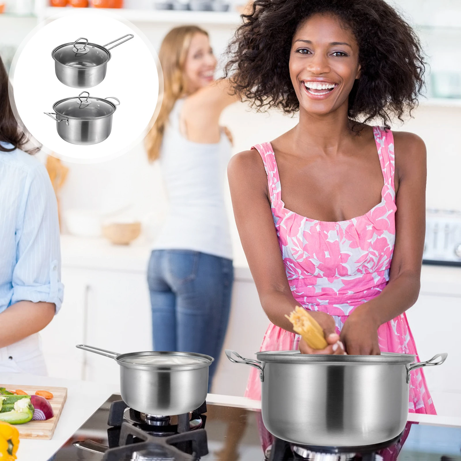 

2Pcs Soup Set Stainless Steel Milk Noodle Cooking Pans Kitchen Cooking Pan Kitchen Cookware Anti Leakage Practical