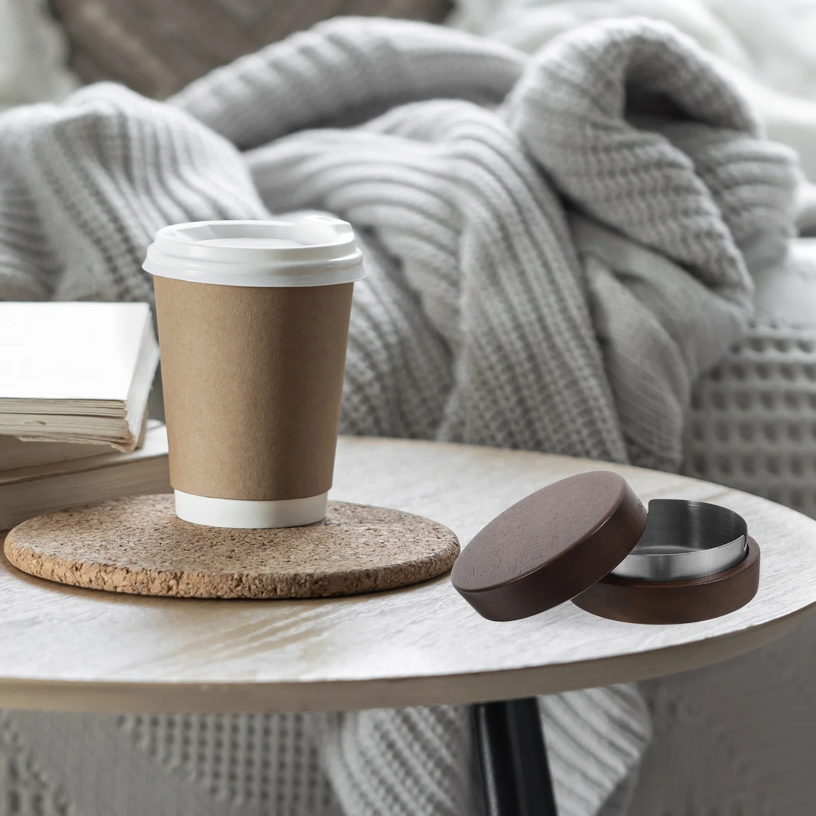 

Stainless Steel Ashtray Round Cigarette Ash Container Durable Wood Base For Office Living Room Home Indoor Smoking