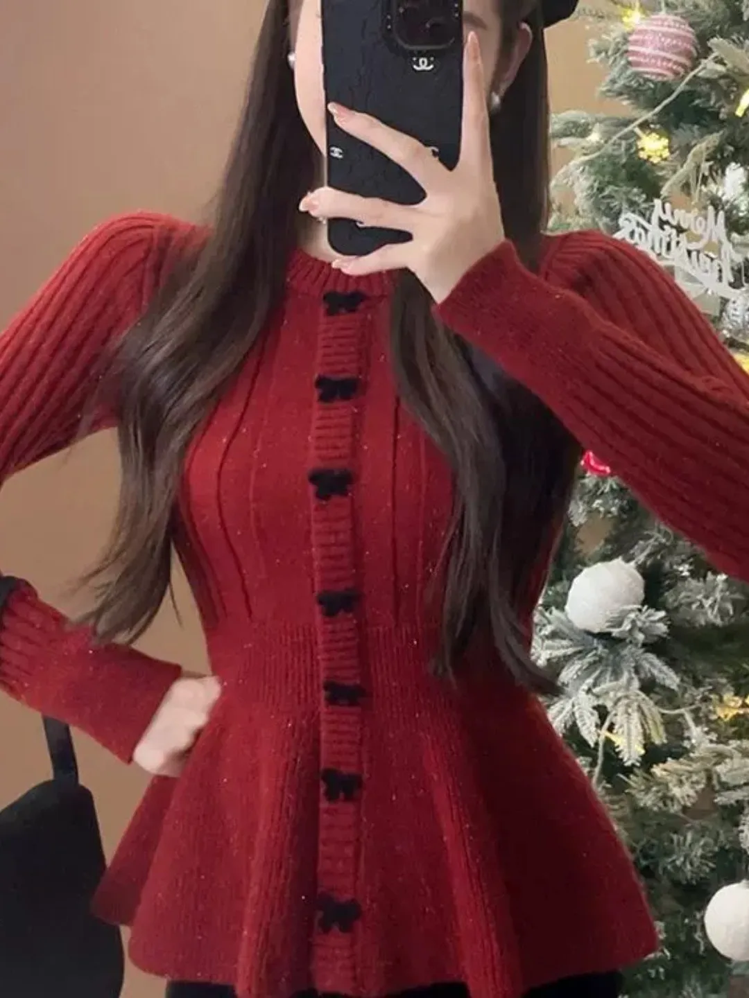 Red  Knot Knitted Top Women's Spring Autumn plus Size Waist Cinched Base Shirt Casual Style Long Sleeve Knitted Sweater